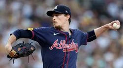 Max Fried #54 of the Atlanta Braves throws a pitch against the San Diego Padres during the second inning in Game Two of the Wild Card Series at Petco Park on October 02, 2024 in San Diego, California.