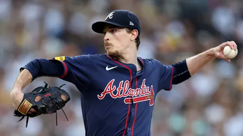 Max Fried #54 of the Atlanta Braves throws a pitch against the San Diego Padres during the second inning in Game Two of the Wild Card Series at Petco Park on October 02, 2024 in San Diego, California.
