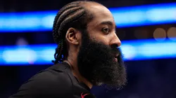 James Harden #1 of the LA Clippers looks on before Game Six of the Western Conference First Round Playoffs at American Airlines Center on May 03, 2024 in Dallas, Texas.