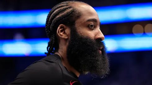 James Harden #1 of the LA Clippers looks on before Game Six of the Western Conference First Round Playoffs at American Airlines Center on May 03, 2024 in Dallas, Texas.