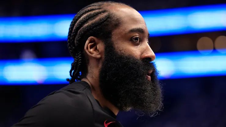 James Harden #1 of the LA Clippers looks on before Game Six of the Western Conference First Round Playoffs at American Airlines Center on May 03, 2024 in Dallas, Texas.