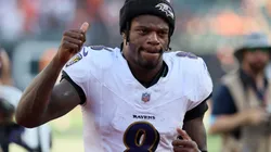 Lamar Jackson #8 of the Baltimore Ravens reacts after defeating the Cincinnati Bengals in overtime at Paycor Stadium on October 06, 2024 in Cincinnati, Ohio.