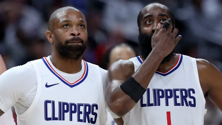 James Harden #1, P.J. Tucker #17 and Ivica Zubac #40 of the LA Clippers react after a Tucker technical foul during a 102-100 win over the Denver Nuggets at Crypto.com Arena on April 04, 2024 in Los Angeles, California.