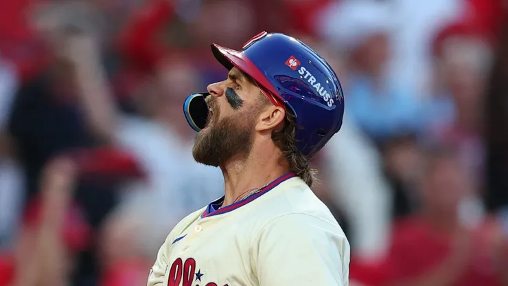 Bryce Harper #3 of the Philadelphia Phillies celebrates after hitting a two-run home run during the sixth inning against the New York Mets in Game Two of the Division Series at Citizens Bank Park on October 06, 2024 in Philadelphia, Pennsylvania.