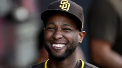 Jurickson Profar #10 of the San Diego Padres walks through the dugout before Game Two of the Division Series against the Los Angeles Dodgers at Dodger Stadium on October 06, 2024 in Los Angeles, California.