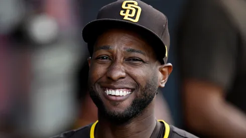 Jurickson Profar #10 of the San Diego Padres walks through the dugout before Game Two of the Division Series against the Los Angeles Dodgers at Dodger Stadium on October 06, 2024 in Los Angeles, California.