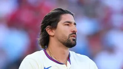 Nick Castellanos #8 of the Philadelphia Phillies reacts after striking out during the first inning against the New York Mets in Game Two of the Division Series at Citizens Bank Park on October 06, 2024 in Philadelphia, Pennsylvania.
