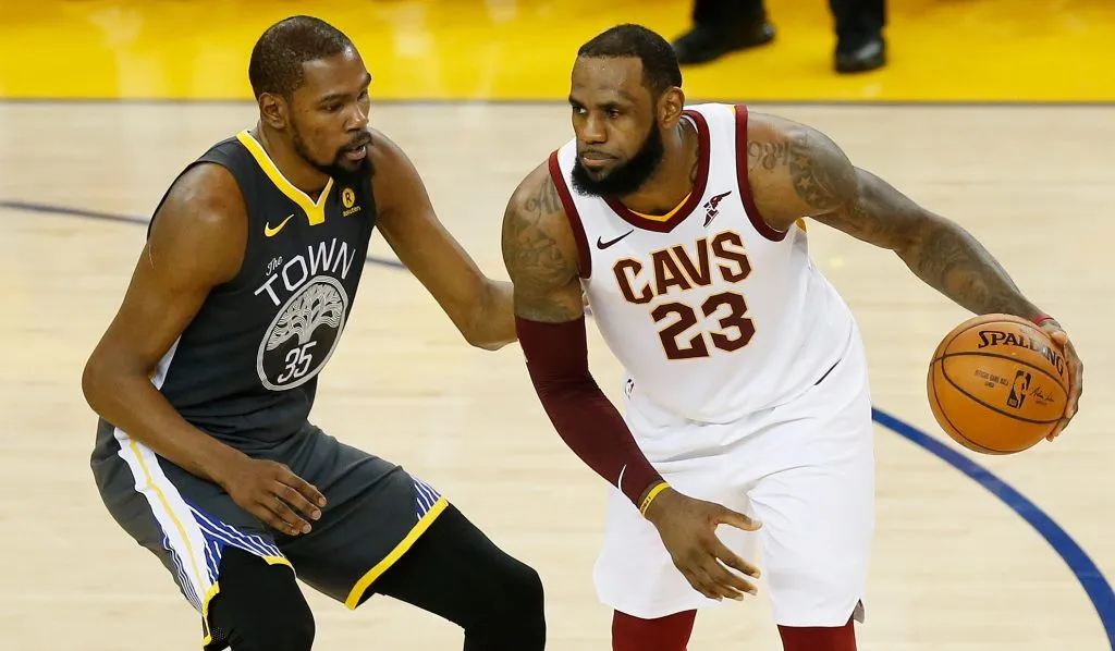 Kevin Durant #35 of the Golden State Warriors defends against LeBron James #23 of the Cleveland Cavaliers in Game 2 of the 2018 NBA Finals. Lachlan Cunningham/Getty Images