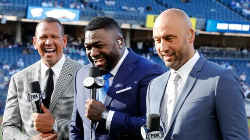 Former MLB players (L-R) Alex Rodriguez, David Ortiz and Derek Jeter have a laugh during the television pre game show before a game between the New York Yankees and the Los Angeles Dodgers at Yankee Stadium on June 08, 2024 in New York City.