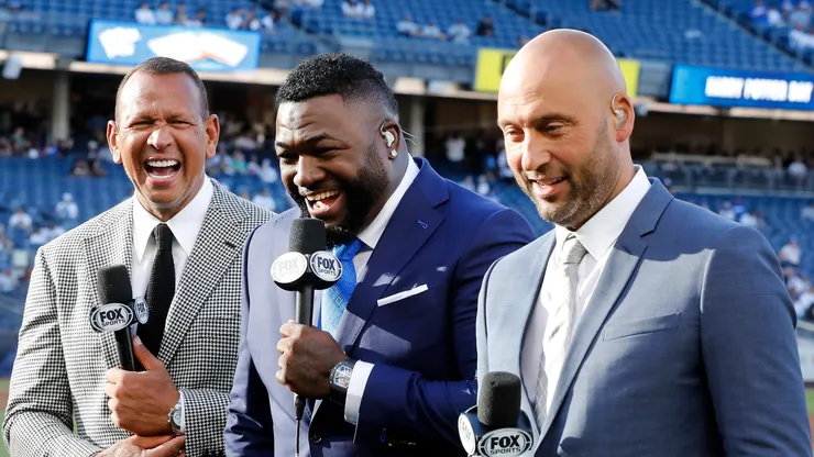 Former MLB players (L-R) Alex Rodriguez, David Ortiz and Derek Jeter have a laugh during the television pre game show before a game between the New York Yankees and the Los Angeles Dodgers at Yankee Stadium on June 08, 2024 in New York City.