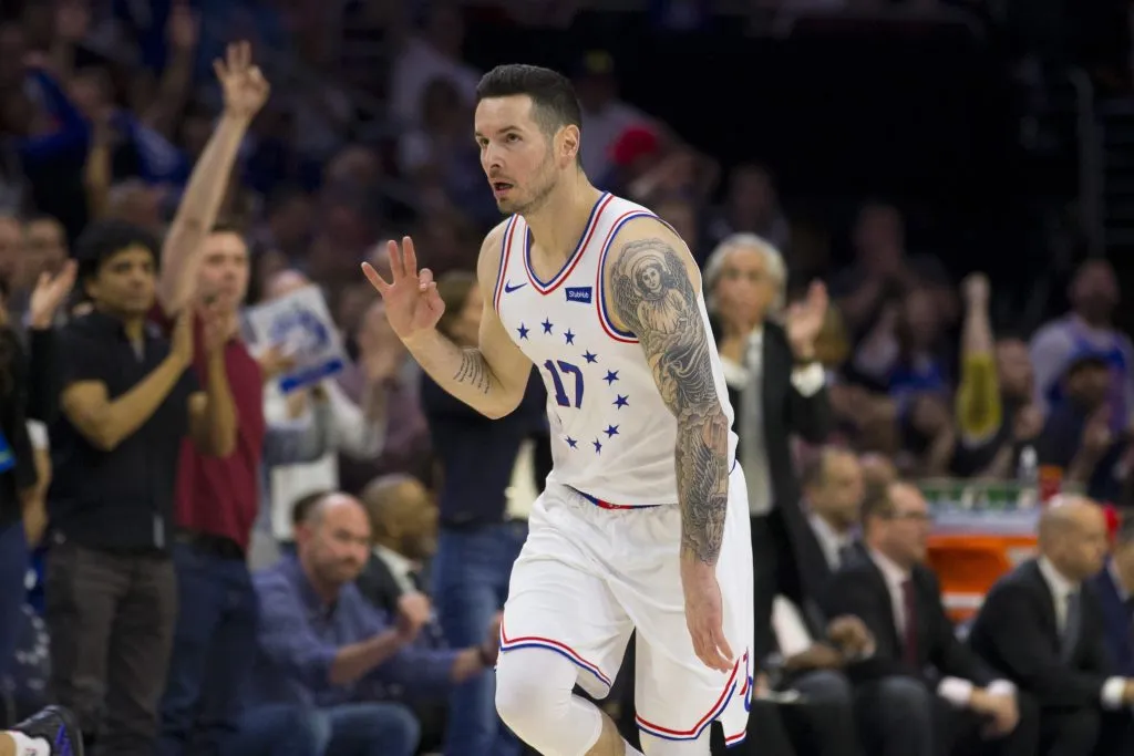 JJ Redick #17 of the Philadelphia 76ers reacts against the Toronto Raptors in Game Six of the Eastern Conference Semifinals. Mitchell Leff/Getty Images)