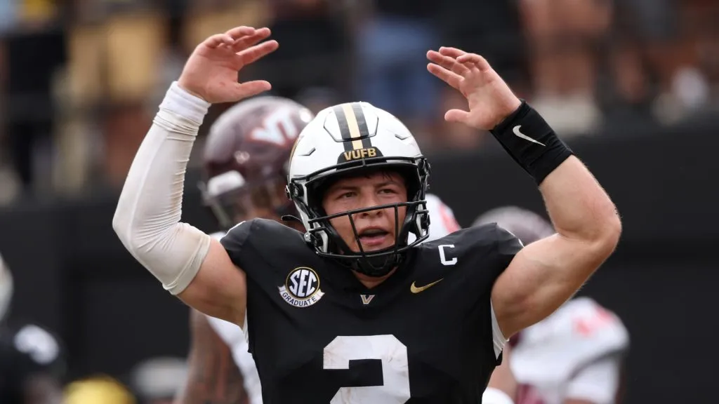 Diego Pavia #2 of the Vanderbilt Commodores celebrates during the first half of the game against the Virginia Tech Hokies at FirstBank Stadium on August 31, 2024 in Nashville, Tennessee.