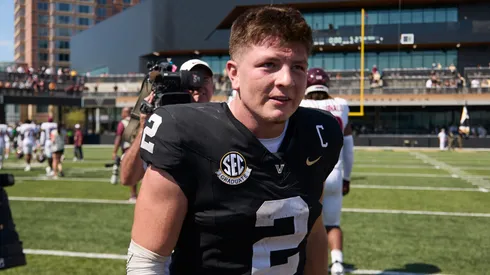 Diego Pavia #2 of the Vanderbilt Commodores celebrates after an overtime victory over Virginia Tech Hokies at FirstBank Stadium on August 31, 2024 in Nashville, Tennessee.
