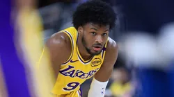 Bronny James #9 of the Los Angeles Lakers looks on during the second half of a game against the Minnesota Timberwolves at Acrisure Arena on October 04, 2024 in Palm Springs, California.