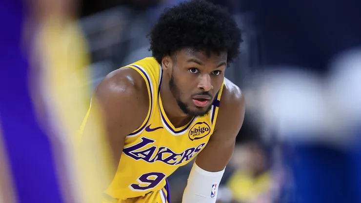 Bronny James #9 of the Los Angeles Lakers looks on during the second half of a game against the Minnesota Timberwolves at Acrisure Arena on October 04, 2024 in Palm Springs, California.