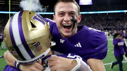 Will Rogers #7 of the Washington Huskies celebrates after beating Michigan Wolverines at Husky Stadium on October 05, 2024 in Seattle, Washington.