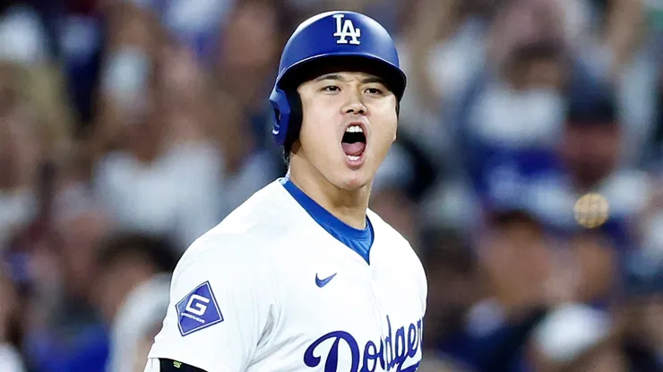 Shohei Ohtani #17 of the Los Angeles Dodgers after hitting a single against the San Diego Padres in the sixth inning at Dodger Stadium on September 25, 2024 in Los Angeles, California.