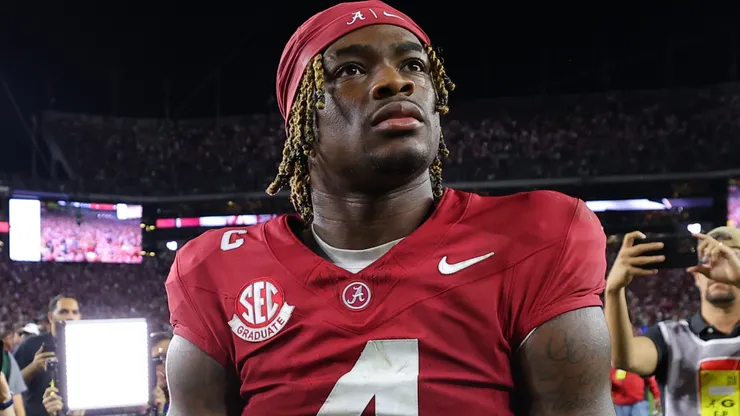 Jalen Milroe #4 of the Alabama Crimson Tide celebrates after his team defeated the Georgia Bulldogs at Bryant-Denny Stadium on September 28, 2024 in Tuscaloosa, Alabama.
