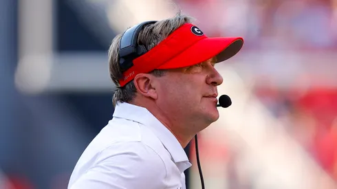 Head coach Kirby Smart of the Georgia Bulldogs looks on during the third quarter against the Auburn Tigers at Sanford Stadium on October 5, 2024 in Athens, Georgia.