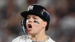 Alex Verdugo #24 of the New York Yankees celebrates after hitting an RBI single against the Kansas City Royals during the seventh inning in Game One of the Division Series at Yankee Stadium on October 05, 2024 in New York City.
