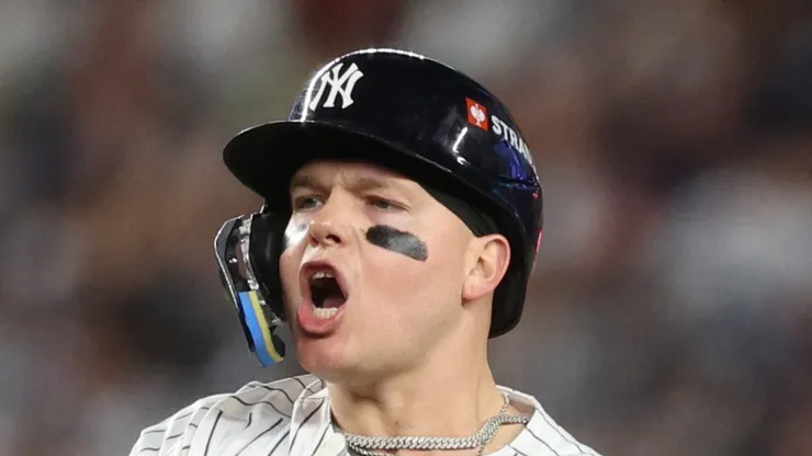 Alex Verdugo #24 of the New York Yankees celebrates after hitting an RBI single against the Kansas City Royals during the seventh inning in Game One of the Division Series at Yankee Stadium on October 05, 2024 in New York City.