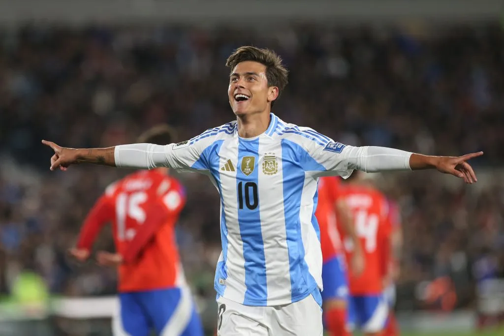 Paulo Dybala of Argentina celebrates after scoring the team’s third goal during the FIFA World Cup 2026 Qualifier match between Argentina and Chile. Daniel Jayo/Getty Images