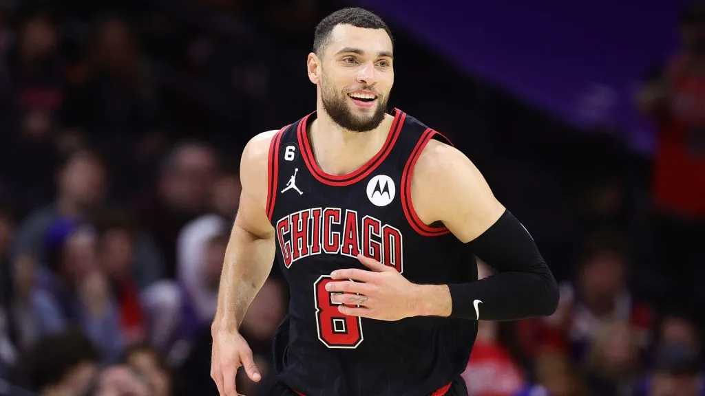 Zach LaVine #8 of the Chicago Bulls reacts during the fourth quarter against the Philadelphia 76ers at Wells Fargo Center on January 06, 2023 in Philadelphia, Pennsylvania.