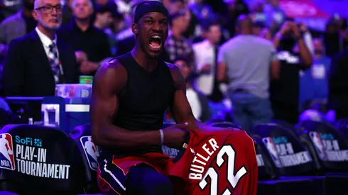 Jimmy Butler #22 of the Miami Heat looks on before playing against the Philadelphia 76ers during the Eastern Conference Play-In Tournament at the Wells Fargo Center on April 17, 2024 in Philadelphia, Pennsylvania.