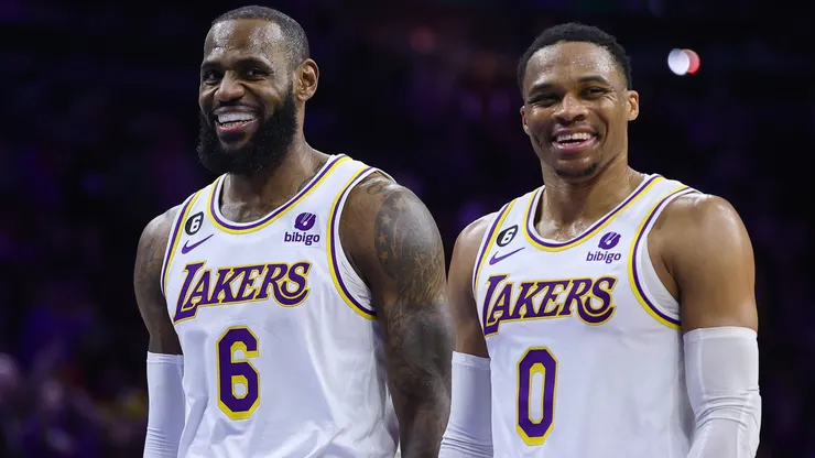 LeBron James #6 and Russell Westbrook #0 of the Los Angeles Lakers speak during the fourth quarter against the Philadelphia 76ers