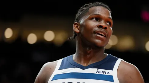 Anthony Edwards #1 of the Minnesota Timberwolves looks on against the Portland Trail Blazers