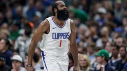 James Harden #1 of the Los Angeles Clippers reacts after a three-point basket in the first half against the Dallas Mavericks during game four of the Western Conference First Round Playoffs at American Airlines Center on April 28, 2024 in Dallas, Texas.