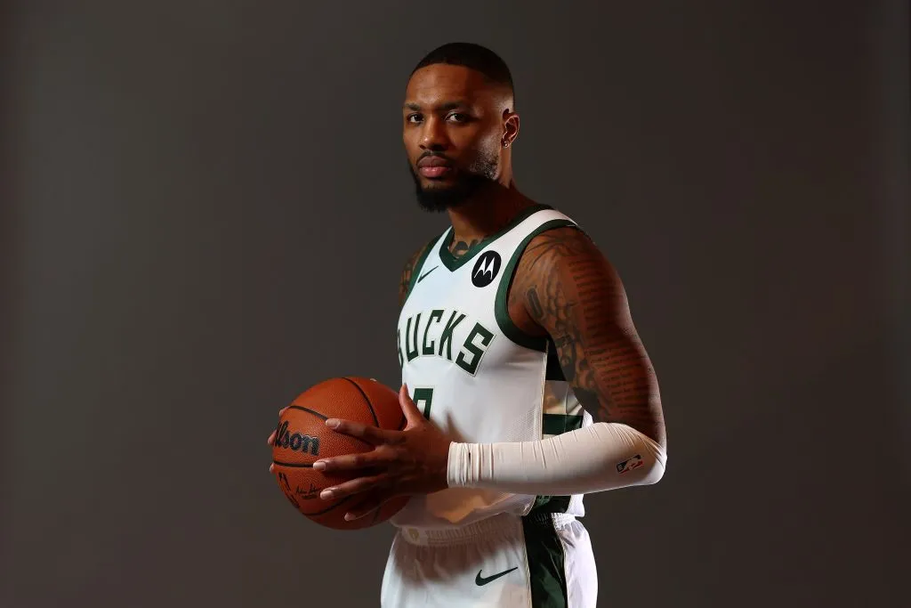 Damian Lillard #0 of the Milwaukee Bucks poses for a portrait during media day Stacy Revere/Getty Images