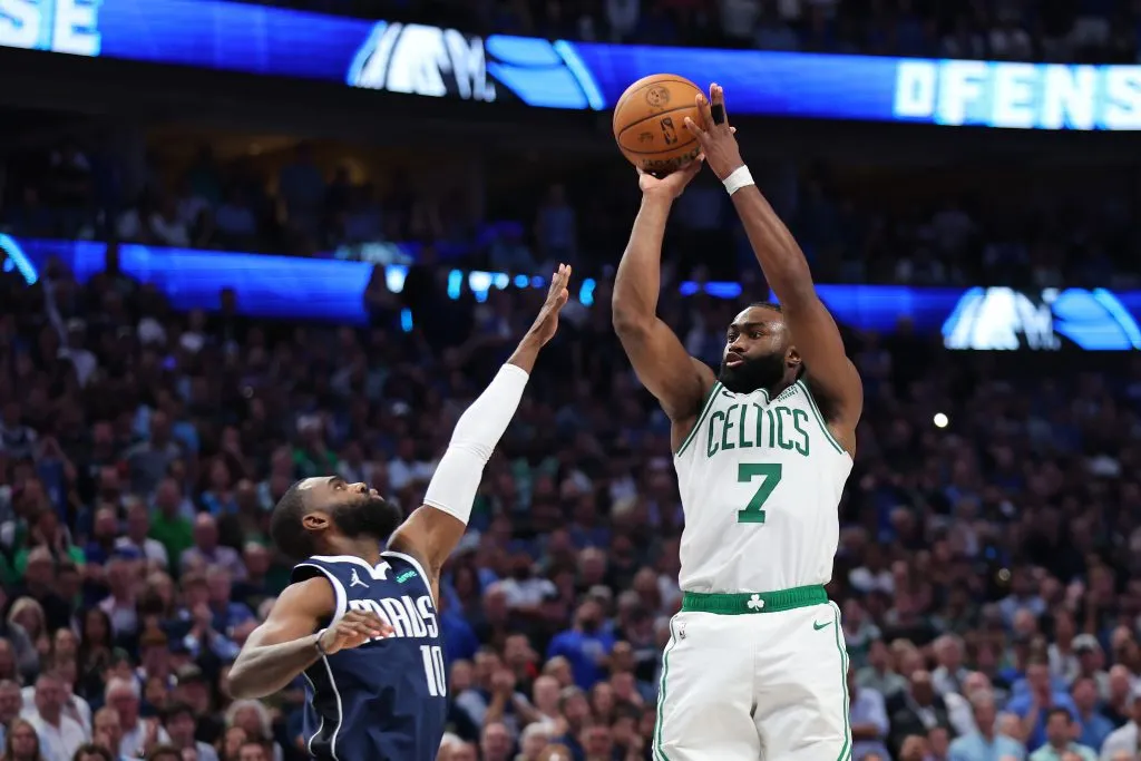 Jaylen Brown attempts a shot while being guarded by Tim Hardaway Jr. #10 of the Dallas Mavericks in the fourth quarter in Game Three of the 2024 NBA Finals. Stacy Revere/Getty Images
