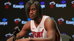 Jimmy Butler #22 of the Miami Heat speaks to reporters during media day at Kaseya Center on October 2, 2023 in Miami, Florida.