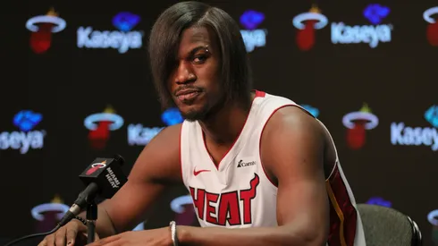 Jimmy Butler #22 of the Miami Heat speaks to reporters during media day at Kaseya Center on October 2, 2023 in Miami, Florida.