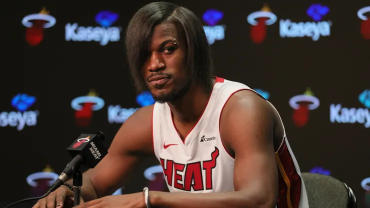 Jimmy Butler #22 of the Miami Heat speaks to reporters during media day at Kaseya Center on October 2, 2023 in Miami, Florida.