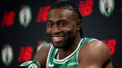 Jaylen Brown #7 of the Boston Celtics speaks to the media during Boston Celtics Media Day