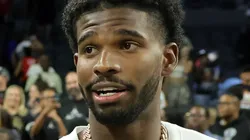 Colorado Buffaloes quarterback Shedeur Sanders attends Game Three of the 2024 WNBA Playoffs semifinals between the New York Liberty and the Las Vegas Aces at Michelob ULTRA Arena on October 04, 2024 in Las Vegas, Nevada. The Aces defeated the Liberty 95-81.