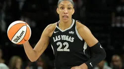 A'ja Wilson #22 of the Las Vegas Aces brings the ball up the court against the New York Liberty in the second quarter of Game Three of the 2024 WNBA Playoffs semifinals at Michelob ULTRA Arena on October 04, 2024 in Las Vegas, Nevada. The Aces defeated the Liberty 95-81.
