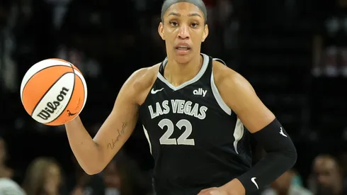 A'ja Wilson #22 of the Las Vegas Aces brings the ball up the court against the New York Liberty in the second quarter of Game Three of the 2024 WNBA Playoffs semifinals at Michelob ULTRA Arena on October 04, 2024 in Las Vegas, Nevada. The Aces defeated the Liberty 95-81.