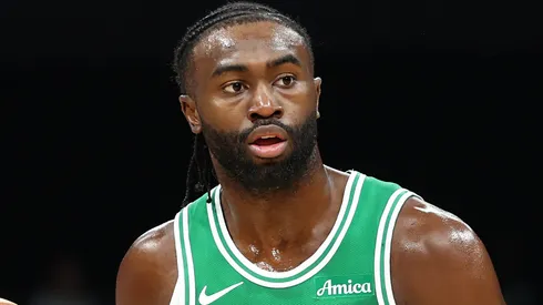 Jaylen Brown of Boston Celtics runs with the ball during the NBA match between Denver Nuggets and Boston Celtics at Etihad Arena on October 04, 2024 in Abu Dhabi, United Arab Emirates.