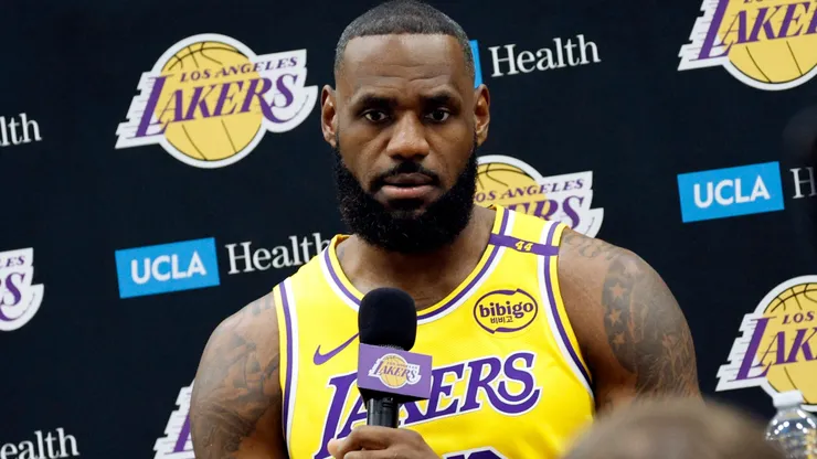 LeBron James #23 of the Los Angeles Lakers speaks during a Los Angeles Lakers media day at UCLA Health Training Center on September 30, 2024 in El Segundo, California.