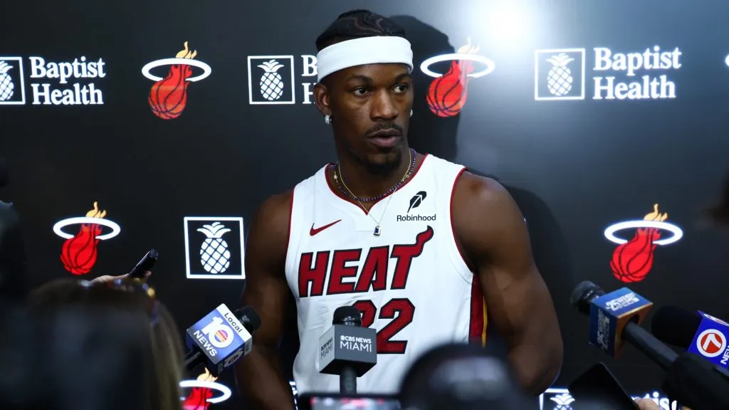 Jimmy Butler #22 of the Miami Heat speaks to the media during media day at Kaseya Center on September 30, 2024 in Miami, Florida. (Photo by Megan Briggs/Getty Images)