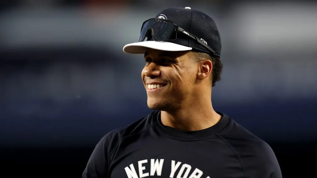Juan Soto #22 of the New York Yankees looks on during a workout at Yankee Stadium on October 01, 2024 in the Bronx borough of New York City. (Photo by Luke Hales/Getty Images)