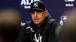 Manager Aaron Boone of the New York Yankees speaks to the media during a press conference ahead of the 2024 ALDS at Yankee Stadium on October 01, 2024 in the Bronx borough of New York City.