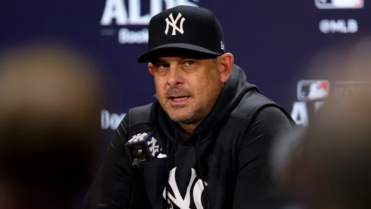Manager Aaron Boone of the New York Yankees speaks to the media during a press conference ahead of the 2024 ALDS at Yankee Stadium on October 01, 2024 in the Bronx borough of New York City.