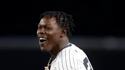 Jazz Chisholm Jr. #13 of the New York Yankees celebrates his eleventh inning game winning base hit against the Kansas City Royals at Yankee Stadium on September 11, 2024 in New York City.