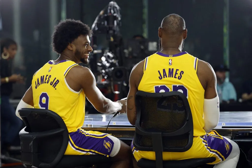 LeBron James #23 of the Los Angeles Lakers and his son Bronny James Jr. #9 attend the Los Angeles Lakers media day. Kevork Djansezian/Getty Images