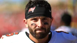 Baker Mayfield #6 of the Tampa Bay Buccaneers reacts after defeating the Philadelphia Eagles at Raymond James Stadium on September 29, 2024 in Tampa, Florida.