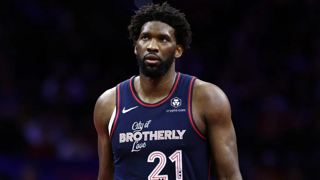 Joel Embiid #21 of the Philadelphia 76ers looks on during the fourth quarter against the Cleveland Cavaliers